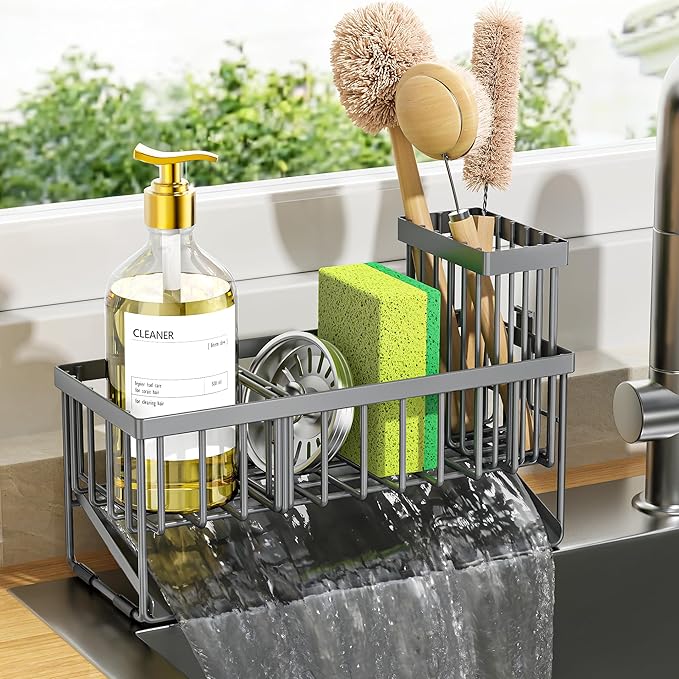 Cisily Sink Caddy Organzier with High Brush Holder, Sponge Holder for Sink, 304 Rustproof Stainless, Kitchen Countertop Soap Dispenser Organizer, Dark Gray Kitchen Decor and Accessories