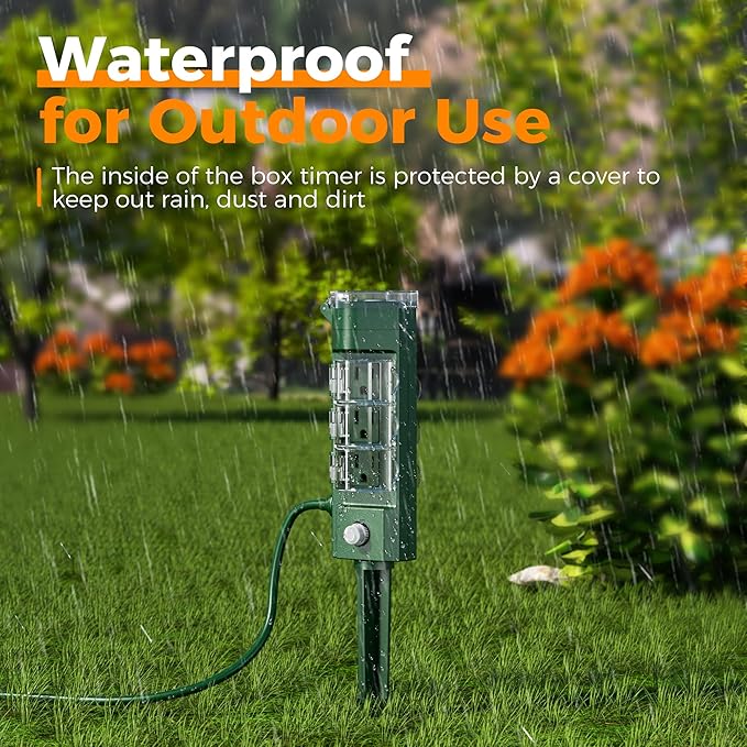 TESSAN Outdoor Power Stake Light Timer Waterproof, Wireless Remote Control, Yard Stake Countdown Timer（2, 4, 6, 8 Hour）, 6 Outlets, Dusk to Dawn for Lights and Garden Courtyard Decoration