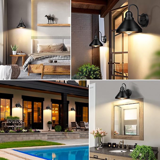 Brightever Gooseneck Outdoor Light Fixtures, 2-Pack Farmhouse Barn Lights for Porch, Industrial Black Exterior Wall Sconce for Garage, Patio, E26 Base Anti-Rust, Bulb not Included