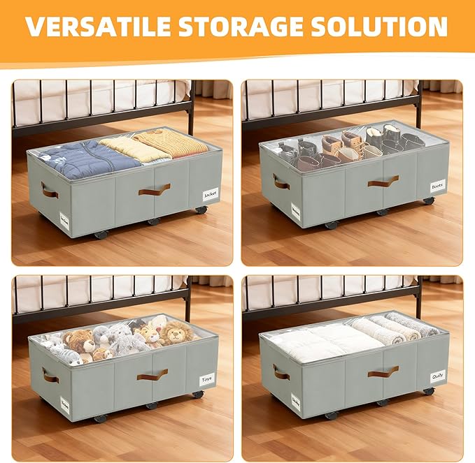 11 inch Under Bed Storage with Wheels, 2-Pack Underbed Storage Containers for College Dorms Bedrooms Organization, Foldable Under Bed Drawers for Comforters, Blankets, Clothes & Shoes, Grey