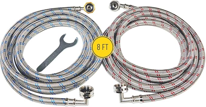 Washing Machine Hoses (8 FT) - Double 90° Elbow to Fit Tight Spaces - OCTAGON Connections for Easy & Secure Tightening - Burst Proof Water Supply Line (2 Pack) - Universal Fit to All Wash Machines