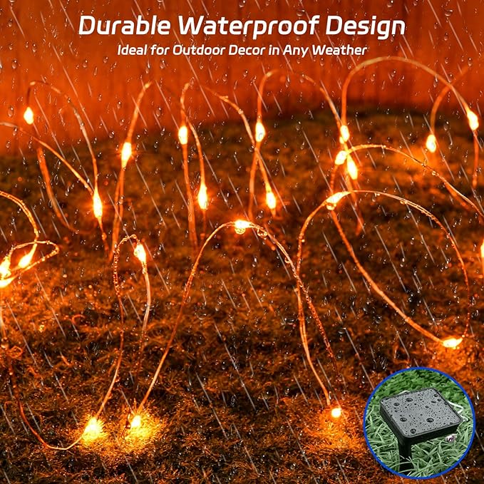 Halloween String Lights Outdoor Waterproof, Solar Fairy Lights 16.4ft 50LED 8 Modes Orange Halloween Lights for Yard Outside Pathway Patio Party Backyard Decorations