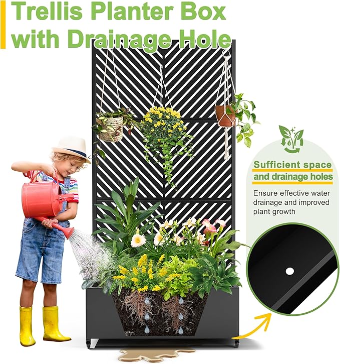 FENCY Metal Raised Garden Bed with Wheels and Trellis,73"x35"x16" Planter Box for Climbing Plants, Vegetables & Vines, Features Privacy Screen and Drainage Holes (Black-Arrow)