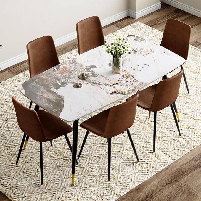 7 Piece Dining Table Set, 62'' Sintered Stone Dinner Table Set for 6, 6 Chair Dining Table Set, Easy to Assemble