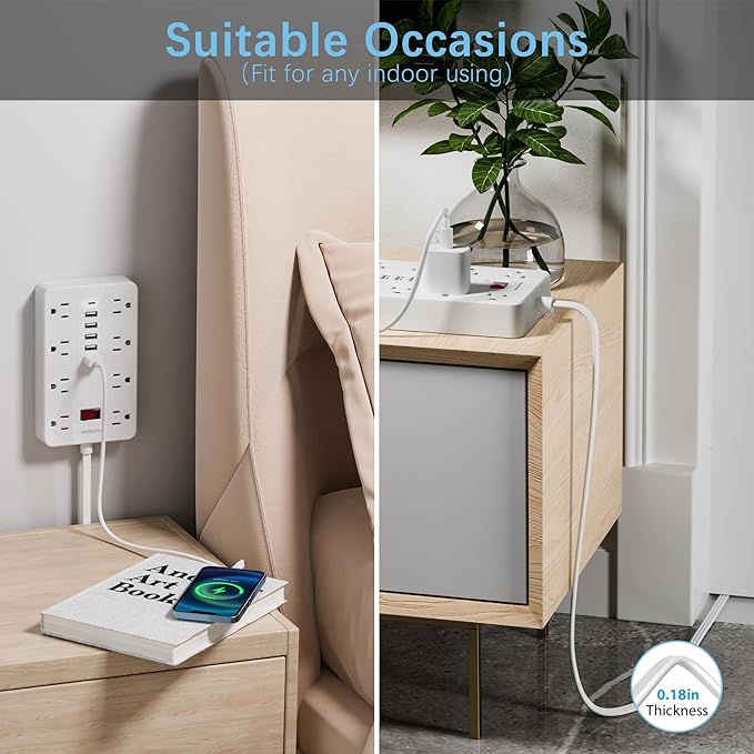 10 Ft Long Extension Cord,Power Strip Surge Protector HUNIAN Flat Plug with 8 Widely Spaced Outlets 6 USB(1 USB C Port), Wall Mount Charging Station for Home and Office,White