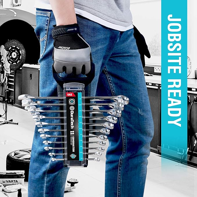 DURATECH Combination Wrench Set, SAE & Metric, 22-piece, 1/4'' to 7/8'' & 8-19mm, CR-V Steel, Organized in Wrench Holder