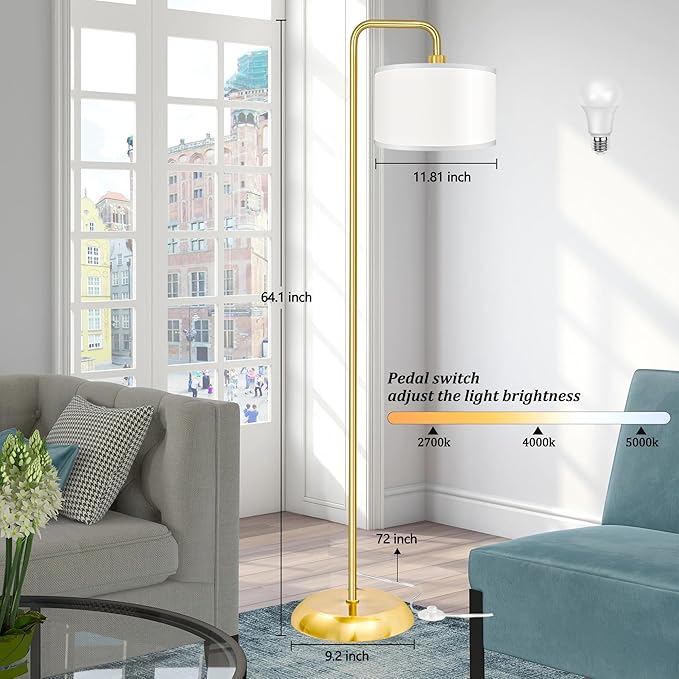 [Upgraded] LED Floor Lamp for Living Room, 3 Color Temperature Floor Lamp with Foot Switch Modern Standing Lamp Tall Pole Floor Reading Lamp for Bedroom, Study Room, Office, 9W Bulb Included, Gold