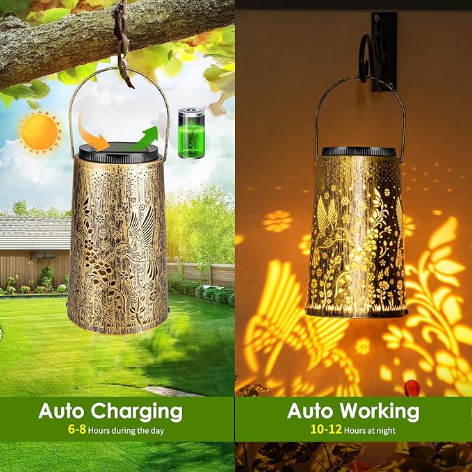 2 Pack Solar Lanterns Outdoor Waterproof, Hummingbird Hanging Solar Lights for Outside, Garden Decor for Yard Patio Pathway Porch, Christmas Birthday Mothers Day Gifts for Women Mom Grandma