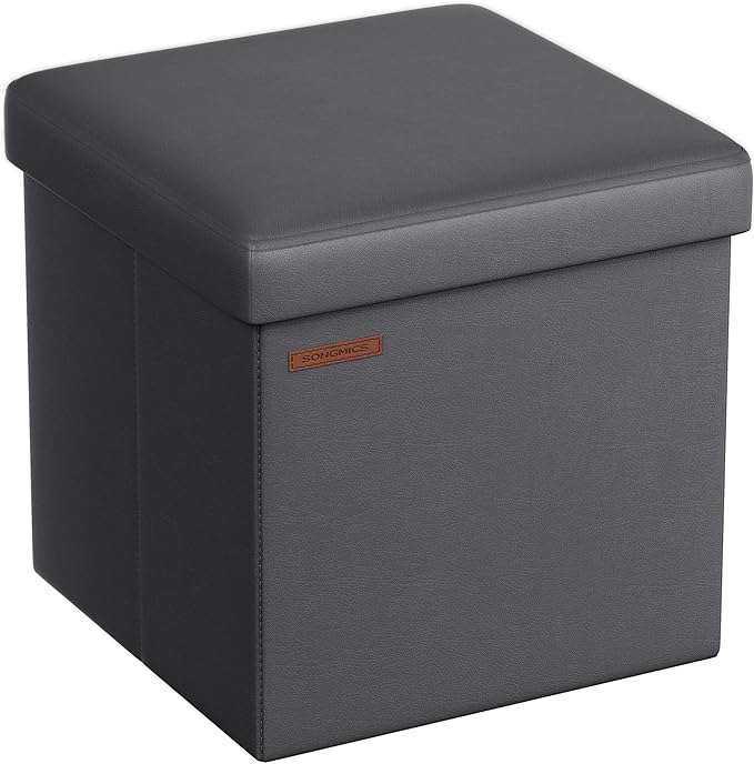 SONGMICS Mazie Collection - 15 Inches Ottoman with Storage, Footstool, Storage Ottoman, Load 660 lb, for Dorm, Living Room, Bedroom, Synthetic Leather, Dark Gray ULSF010G01