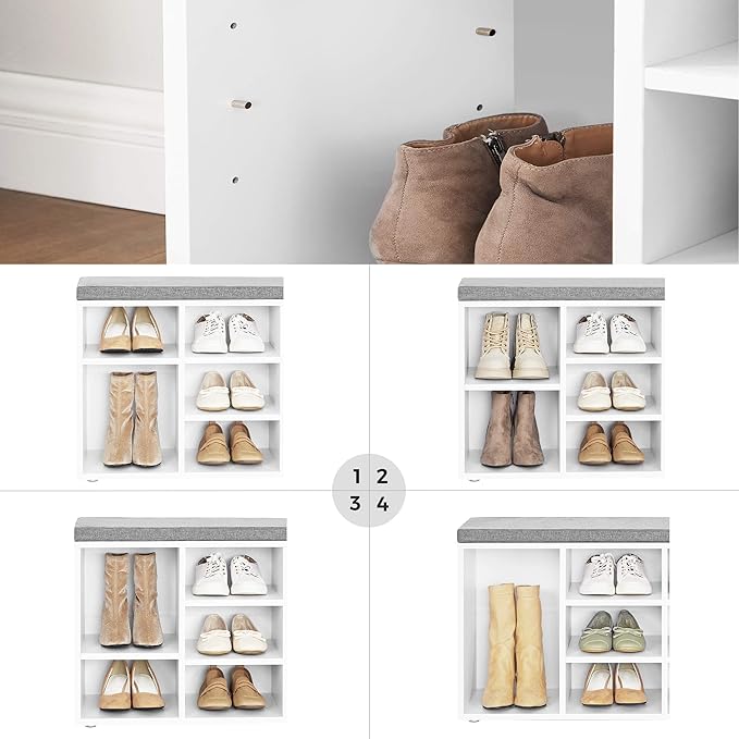 VASAGLE CUSTOS Collection - Shoe Bench, Storage Bench with Padded Seat, Entryway Bench with 10 Compartments, for Bedroom, 11.8 x 40.9 x 18.9 Inches, Cloud White and Dove Gray ULHS010W01