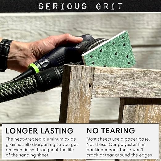Serious Grit - 3" x 5" (80mm x 133mm) 14-Hole 80 Grit Sanding Sheets - Fits Festool RTS 400 & Mirka Deos 353 - Heavy-Duty Hook & Loop Film Abrasives - Sandpaper for Sheet Sanders - 50 Pack Box