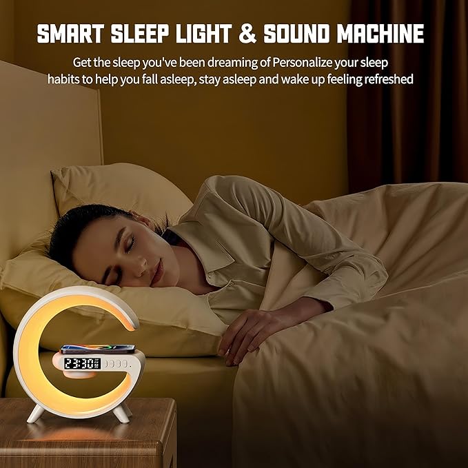 LED Table Lamp with Wireless Charger, G Shaped Night Light Lamp with Bluetooth Speaker, Sunrise Alarm Clock, Smart Mini Atmosphere Lamp for Bedroom, Office, Living Area (White)