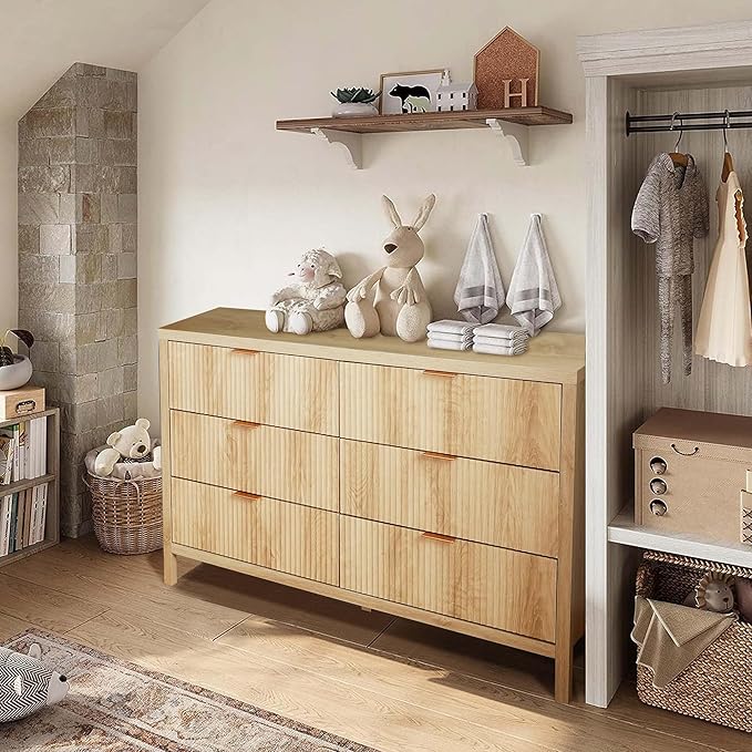 Fluted 6 Drawer Double Dresser for Bedroom, 47" Wide Modern Closet Dressers Chest of Drawers, Wood Storage Dresser Organizer for Nursery Bedroom Living Room Hallway Closet,Natural