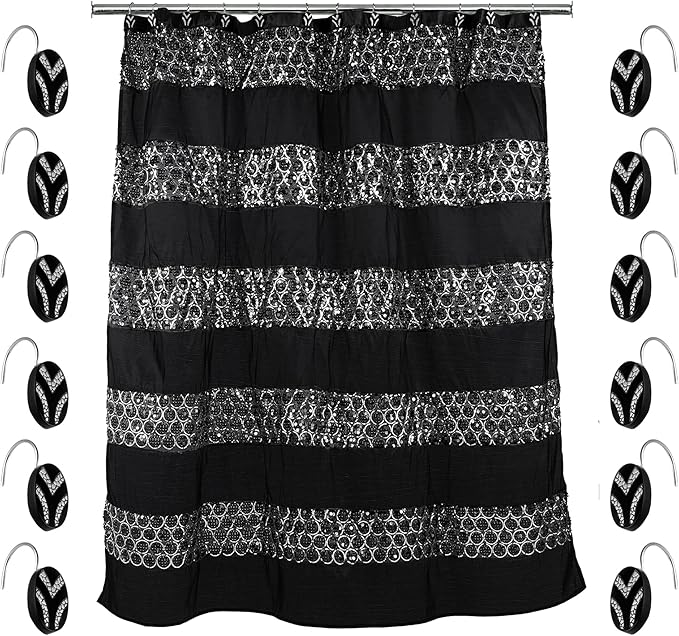 Zahari Home 13pc Sinatra Bathroom Shower Curtain Set Classic Shower Curtain & 12 Shower Curtain Hooks Luxury Fabric Shower Curtain Unique Design Bling Black Shower Curtain Set