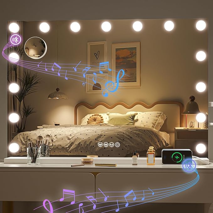 Hasipu Hollywood Vanity Mirror with Lights and Bluetooth Speaker, 32" x 22" Makeup Mirror with 15 Dimmable LED Bulbs 3 Color Modes, 5X Magnifying Glass, Touch Control, USB and Type-C, Tempered Glass
