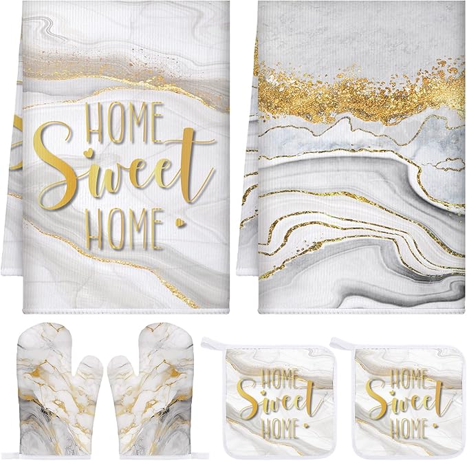 Bencailor 6 Pcs Marble Kitchen Decor Gold Pot Holders Oven Mitts 2 Dish Towels 2 Farmhouse Cooking Mittens Oven Glove and Potholder for Baking Cooking Grilling Supply Accessories(White)