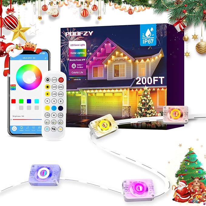 POOFZY Permanent Outdoor Lights for House,200ft RGB+IC Smart Outdoor Decor, 50 Scene Modes,App/Remote Control,IP67 Waterproof,for Christmas,Halloween,Daily & Holiday Party Decor,House Roof Lighting