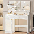 40" Vanity Desk with Large Mirror and Lights, Modern Glass Top Makeup Vanity Set with Power Outlet, Drawers and Cabinet, 3 Lighting Color Adjustable Dressing Table for Bedroom,White