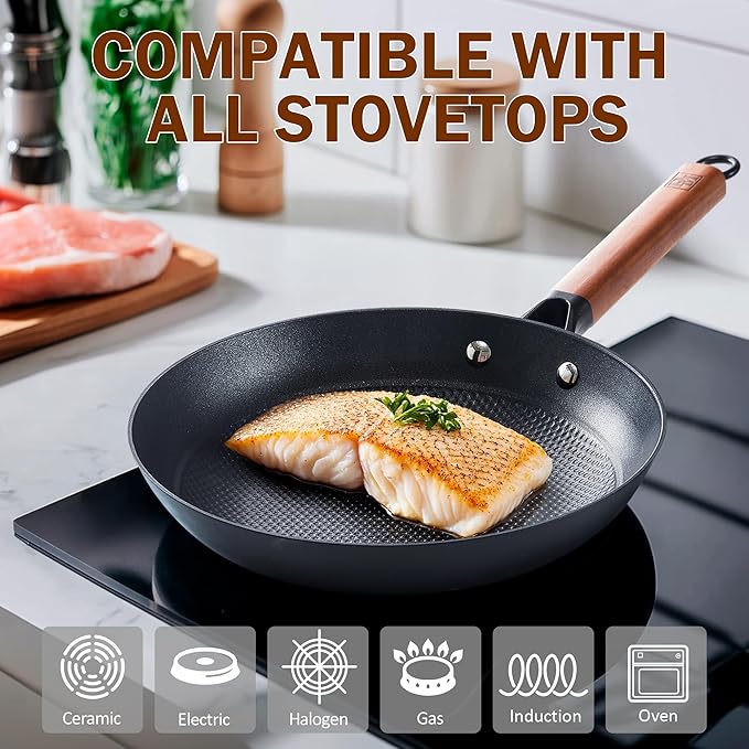 DM Cast Iron Skillet, 2 Piece Nonstick Frying Pan Set, 10 and 12 Inch with Detachable Acacia Wooden Handle, Honeycomb Non stick Omelet Egg Pan, Easy Clean Oven Safe Pans for Cooking
