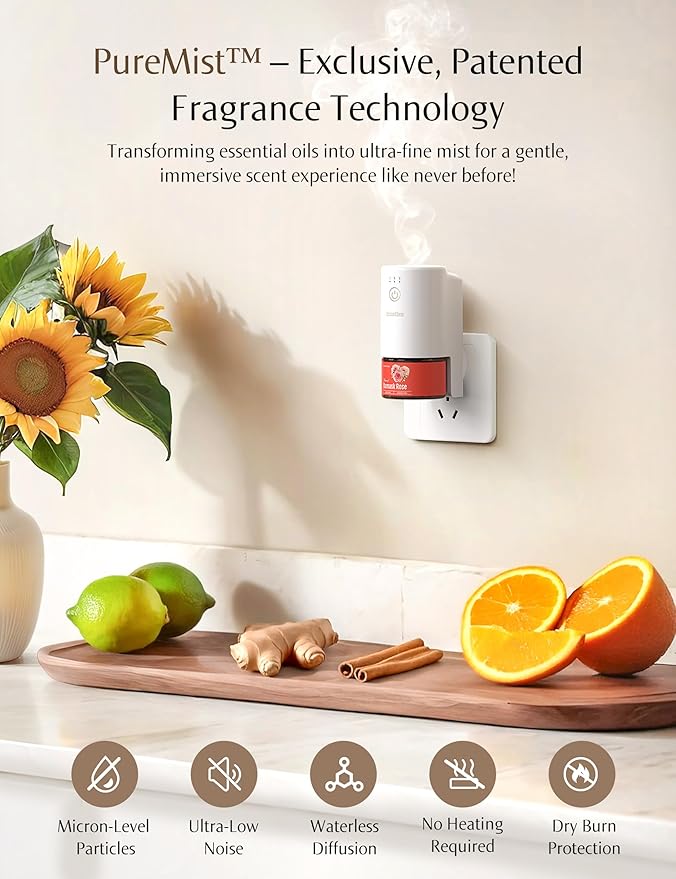 SF101S Pro Smart Plug in Air Freshener for Home, Waterless Essential Oil Diffuser, Aromatherapy Home Diffuser, 120-Day Natural Aroma Mist – Free 30ml Rose Rhapsody (Coral Red)