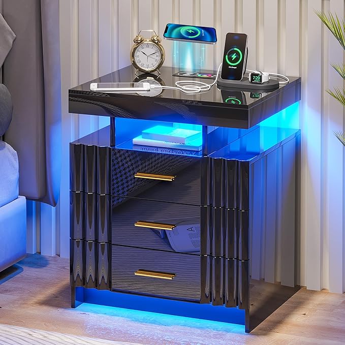HNEBC LED Nightstand,Black Nightstand with Charging Station-USB+Type-C+Wireless Charging,Smart Bedside Table has Auto Sensor, High Gloss Night Stand with 3 Drawers for Bedroom