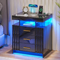 HNEBC LED Nightstand,Black Nightstand with Charging Station-USB+Type-C+Wireless Charging,Smart Bedside Table has Auto Sensor, High Gloss Night Stand with 3 Drawers for Bedroom