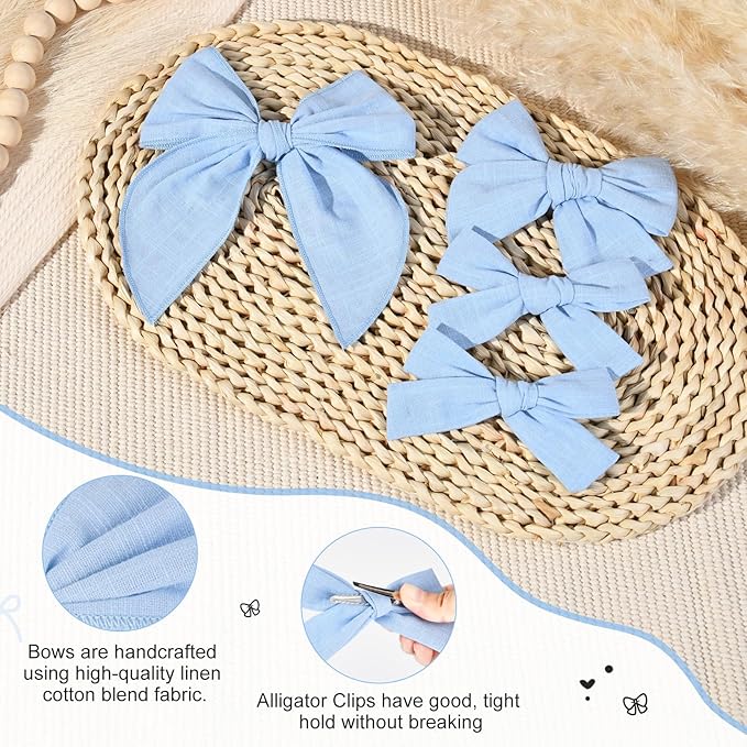 DEEKA 4 PCS Blue Cotton Linen Hair Bows 3 Styles 5" & 4" Handmade Hair Bow set for Toddler Girls Alligator Hair Clips Knot Bows Hair Accessories for Little School Girls (Blue)