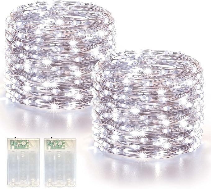 LitHome 2 Pack Cool White Fairy Lights Battery Operated, 20 FT 60 LED Twinkle Lights Battery Operated 2 Modes, Waterproof Led Fairy String Light for Indoor Outdoor Christmas Wedding Bedroom Decor
