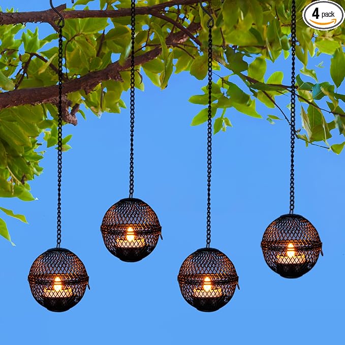 Solar Hanging Lanterns Lights Outdoor, 4 Pack Hanging Candle Holder with Solar Tea Lights Candles Outdoor Waterproof, Chandelier Ideas for Tree Pergola Patio Decor, ALL FORTUNE