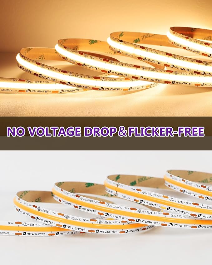 HitLights COB LED Strip Lights Warm White, 12V Tape Light 2700K 16.4ft, 2640 LEDs, 426 lm/ft, CRI 90+, IP30, Premium High Density Lighting for Kitchen, Cabinets, UL Listed (Power Source Not Included)