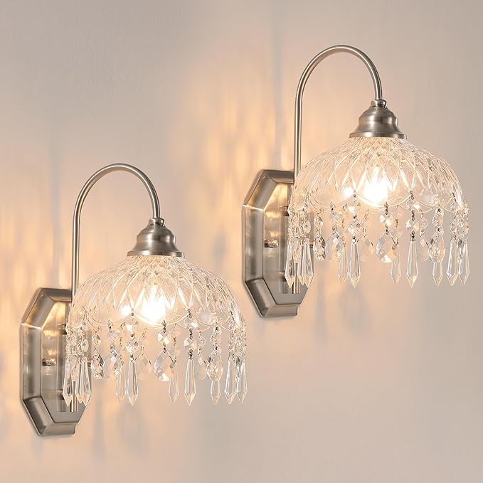 2-Pack Vintage Wall Sconce, Glass Crystal, Matte Brushed Antique Black Finish, for Bedroom Bathroom Hallway Living Room