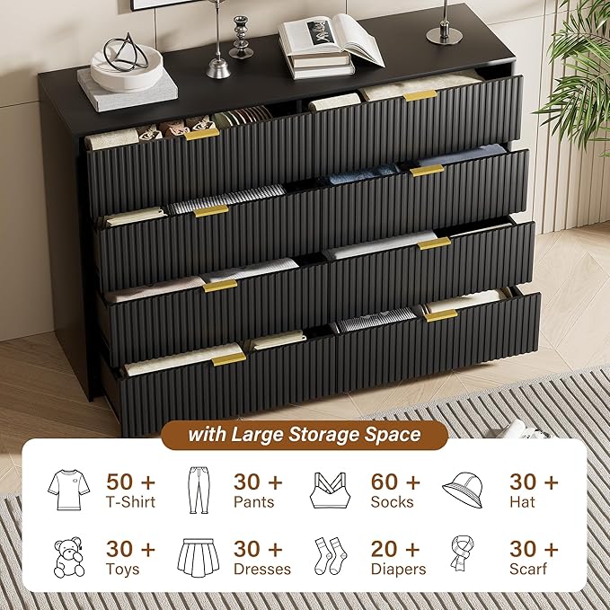 Black Dresser for Bedroom, Modern Dresser with 8 Drawers and Smooth Slides, Wide Chest of Drawers with Golden Handles for Bedroom, Closet, 15.7" D x 55" W x 37.4" H