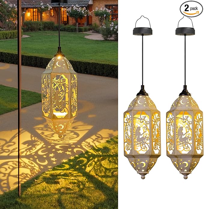 Big Outdoor Solar Lanterns Waterproof Garden Gifts for Women Mom Fairy Moon 12.4‘’ Metal Garden Lanterns Hanging Light for Patio Backyard Decorations, Mothers Day Birthday Gifts (Gold White,2Pack)