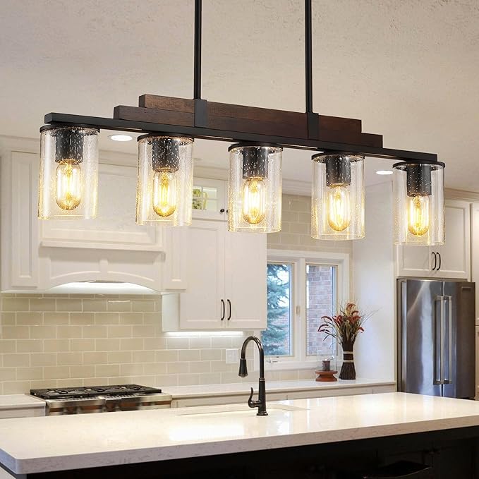 Farmhouse Wood Kitchen Island Lighting, 5-Light Adjustable Chandelier for Dining Room, Seeded Glass Shade Dining Room Light Fixture Over Table, Black Hanging Pendant Lights for Kitchen, Pool Table