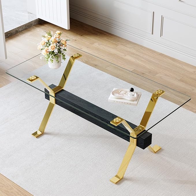 Glass Dining Table 71"｜Modern Dining Table for 6-8｜0.4" Thick Tempered Glass Top｜Chrome Gold Metal Legs｜Black Crossbar｜Easy Assembly｜Perfect for Dining Room or Kitchen