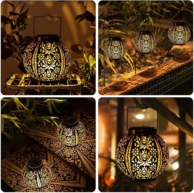Solar Lanterns Outdoor Waterproof 2 Pack, Hanging Solar Lights for Outside Garden Decor, Decorative Moroccan Lanterns Garden Gifts for Women Mom, Yard, Patio, Porch Decorations