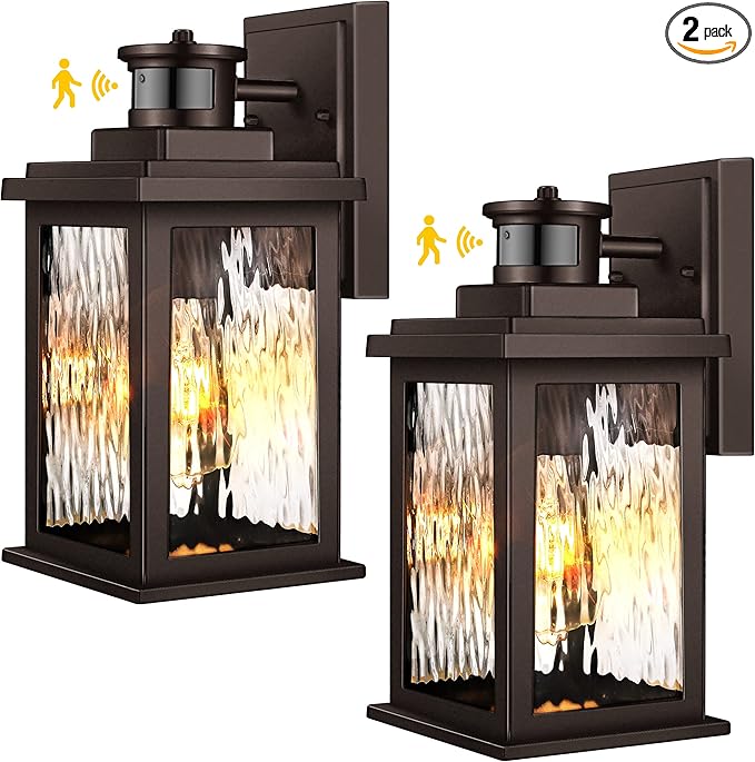 VIANIS Exterior Light Fixture with Motion Sensor, 2 Packs Oil Rubbed Bronze Dusk to Dawn Outdoor Porch Lights Wall Mount, Anti-Rust Aluminum Wall Lanterns with Tempered Glass for Garage Entrance