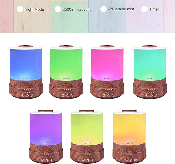 BlueHills Premium 2500 ML XL Essential Oil Diffusers - 30 Hr Run Aromatherapy Diffuser & Air Humidifier Mist for Large Room - 7 LED Colors Oil Diffuser Essential Oils for Home w/Auto Shut Off - F003