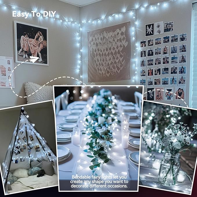 LitHome 2 Pack Cool White Fairy Lights Battery Operated, 20 FT 60 LED Twinkle Lights Battery Operated 2 Modes, Waterproof Led Fairy String Light for Indoor Outdoor Christmas Wedding Bedroom Decor