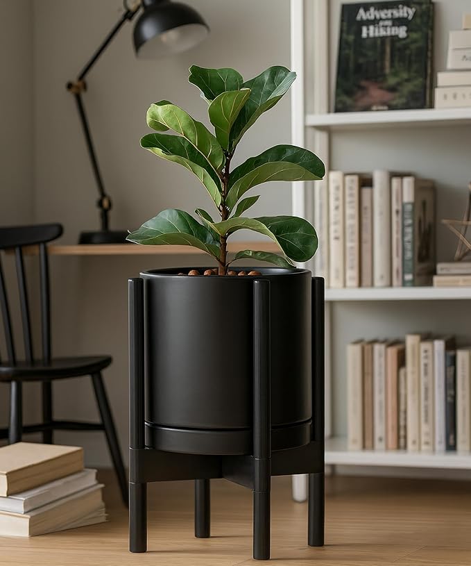 D'vine Dev Ceramic Planter with Ebony Stand - 10 Inch Modern Round Flower Pot with Wood Planter Holder, Black, 55-B-L-2