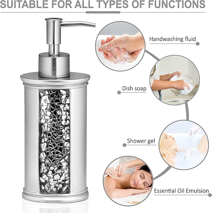 Zahari Home 4pc Sinatra Stylish Bathroom Accessories Set Liquid Soap Dispenser, Tumbler, Tooth Brush Holder and Soap Dish Modern Classic Luxury Decor Bling Mosaic Glass Silver Bathroom Accessories