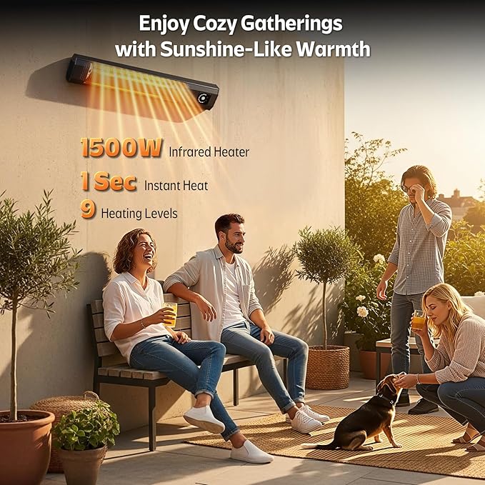 Wall-Mounted Electric Patio Heater, 34" 1500W Infrared Heater With Motion Sensor, IPX5 Waterproof, 9 Heat Level & 9H Timer, Indoor & Outdoor Heaters for Patio, Backyard, Garage, and Decks