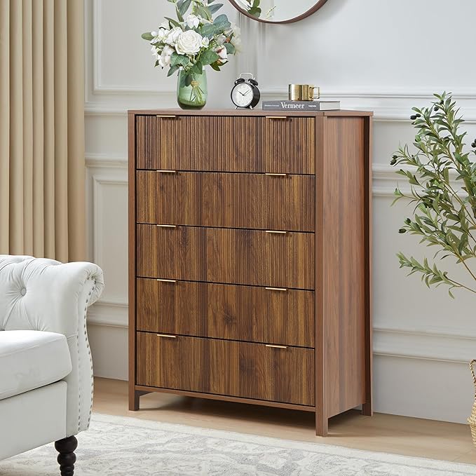 5 Drawer Dressers for Bedroom, Modern Closet Chest of Drawers with Waveform Fluted Panel, Large Wood Storage Dresser Organizer for Nursery Bedroom Living Room Hallway Closet, Walnut