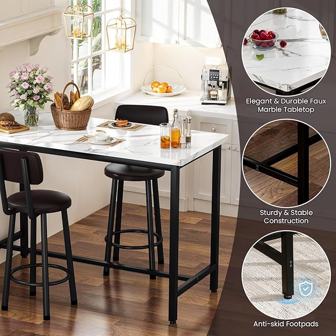DKLGG 47" Rectangle Dining Table Set for 2 With MDF Tabletop & PU Leather Chairs - Bar Pub Set for Small Space Kitchen, Living Room, Apartment, White