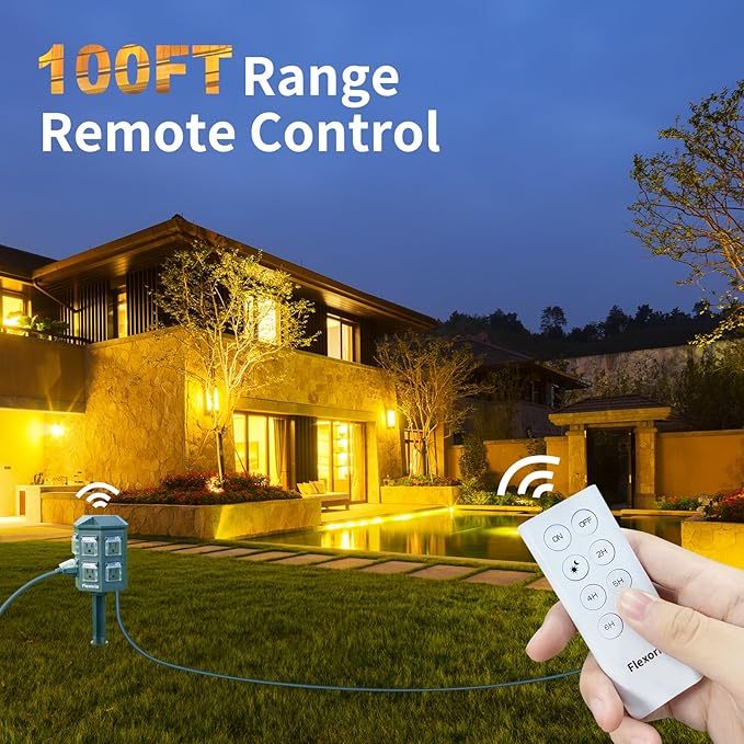 Outdoor Power Stake Timer, Remote Control Dusk to Dawn Light Timer, 50FT Extension Cord Waterproof, 6 Grounded Outlets for Graden and Yard Decorations, ETL Listed