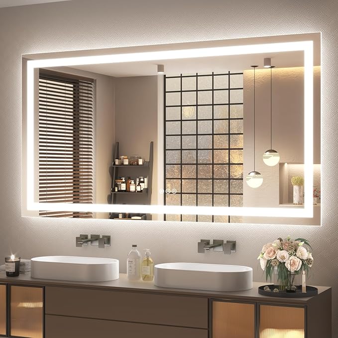 Led Bathroom Mirror 60x36, Large Illuminated Dimmable Vanity Mirror with Lights, Backlit and Front Lighted Makeup Mirror for Wall, Anti-Fog, Shatter-Proof, ETL Listed (Horizontal/Vertical)
