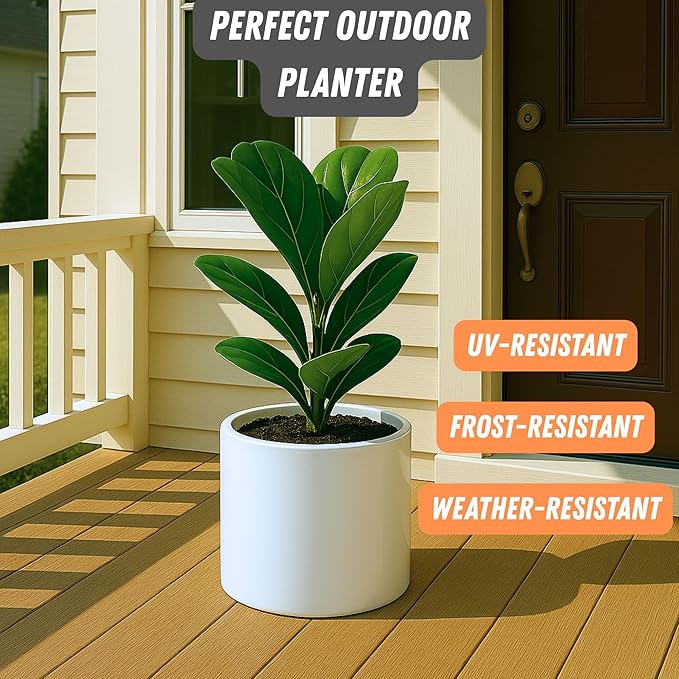 Fox & Fern 8 Inch Plant Pot with Drainage Plug — Premium Lightweight Fiberstone Glossy White Planter; Indoor & Outdoor Planter; 8 Inch Pots for Plants; Weather Resistant & UV Resistant
