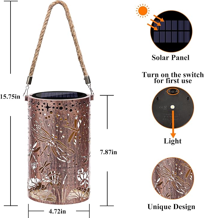 Toodour Solar Lantern Outdoor, Dragonfly Gifts for Women Mom Grandma Hanging Solar Outdoor Lights Waterproof, Hollow Out Retro Metal Dragonfly Lights for Patio, Balcony, Walkway, Yard Decorations