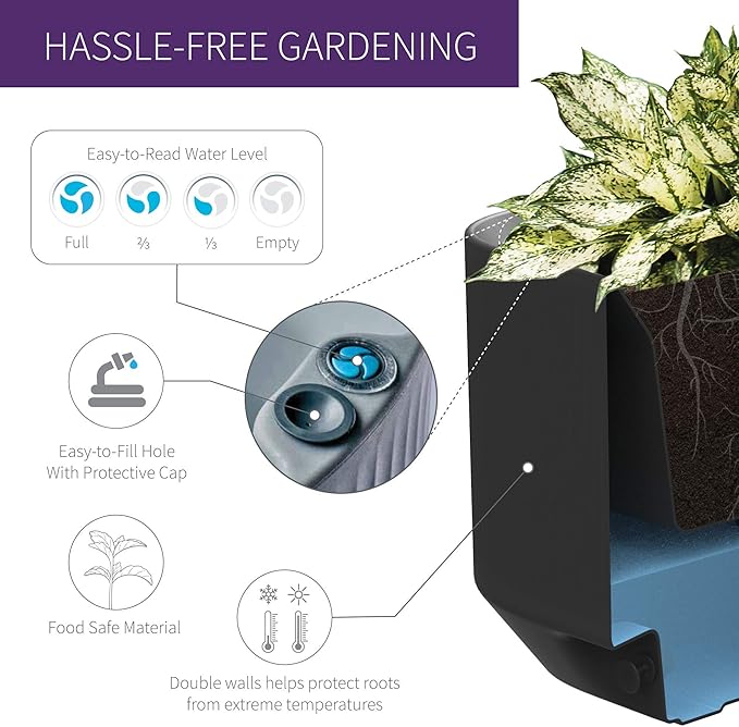 Crescent Garden Modular Self-Watering Trough Plant Box with TruDrop Water Level Indicator - Large Rectangular Deck Planter for Indoor & Outdoor Plants, Modern Garden Bed - 40"x20"x20"H (Caviar Black)