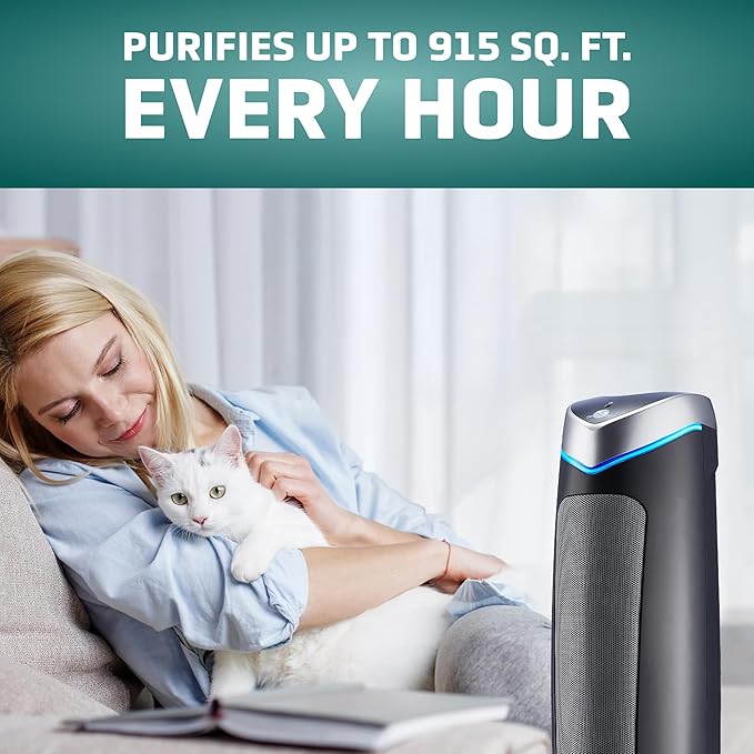 GermGuardian 5-In-1 HEPA Air Purifier for Home, Large Rooms Up To 915 Sq. Ft. with HEPA Pet Air Filter, UV-C Light & Odor Reduction, AC5250PT, 28" Tower, Gray
